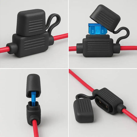 Premium 15 Amp Atc Ato Blade Fuse With 14 Awg Inline Fuse Holder Harness Kit close-up of red wires and waterproof fuse holder.