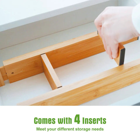 Expandable Bamboo Drawer Dividers Organizer For Big Drawers 17 To 22 Inches Long Adjustable Spring Loaded with 4 Inserts