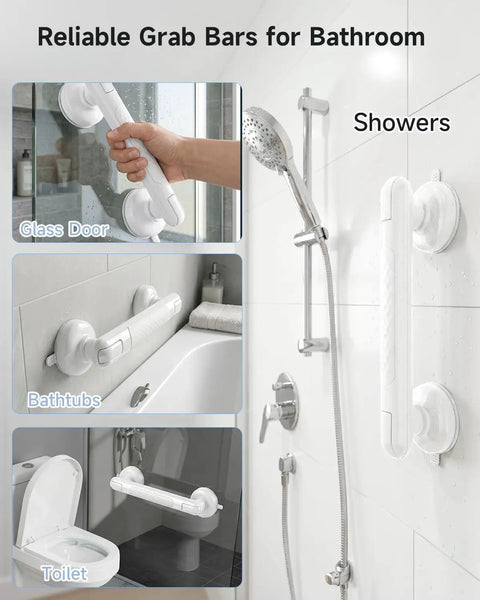 Upgraded Suction Shower Handle No Drill Grab Bars 2 Pack Anti Slip Safety Grip For Bathroom Heavy Duty Removable Handrails With Nonskid Surface Waterproof Build White Color Total Game Changer Install on glass, bathtub, and toilet.