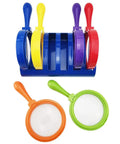 Kid Friendly Jumbo Magnifying Glass Set with Stand Six Pack for Ages Three Plus, colorful magnifiers on stand.