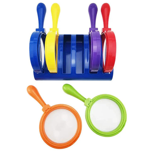 Kid Friendly Jumbo Magnifying Glass Set with Stand Six Pack for Ages Three Plus, colorful magnifiers on stand.