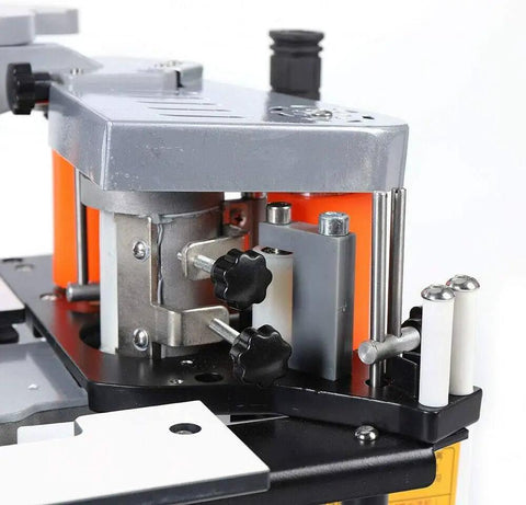 Close-up view of Double Glue Pro Grade Edge Bander with intelligent temperature control for woodworking projects.