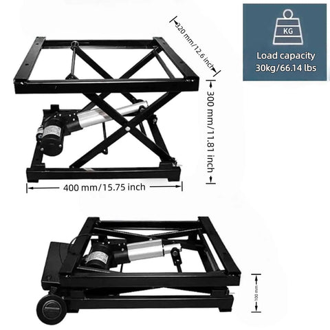 Slick Performance Electric Scissor Lift Table Featuring Super Quiet Motor And Easy Height Adjustments From Four To Sixteen Inches For Laptop Desk Or Camera Stand With Zero Sweat Safety Features, showing dimensions and mechanism.