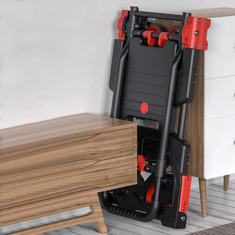 Versatile Folding Hand Truck Dolly For Home And Car Hauling, Converts From Flatbed To Trolley, Compact Portable Flatbed Hauler For Moving Luggage, Boxes, Groceries, And More., folded black and red metal frame beside wood cabinet