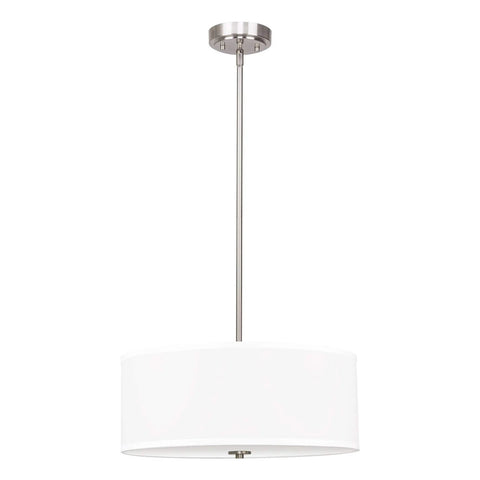 Three Light Drum Pendant Chandelier With White Fabric Shade Brushed Nickel Finish Tempered Glass Diffuser modern ceiling light