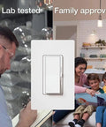 Diva LED Plus Dimmer Switch for dimmable bulbs with lab testing and family approval, shown in a home setting.