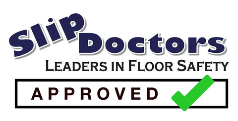 Image of Slip Doctors logo with text leaders in floor safety and approved badge, emphasizing safety certification.