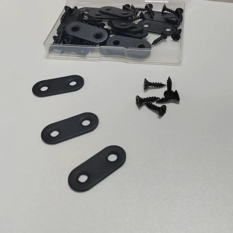 Top Shelf Black Straight Corner Braces Heavy Duty Flat Steel Angle Mounts Paired With All Matching Screws Included For Rock Solid Furniture Reinforcement And No Sweat Home Fixes with screws in a plastic box.