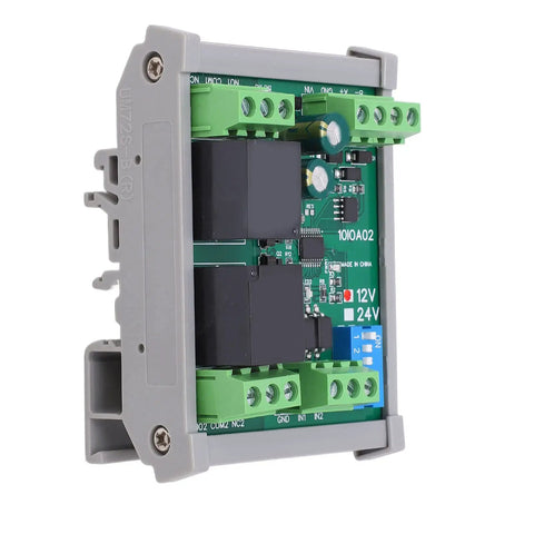 Pro Grade RS485 Relay Module Two Channel Industrial Reset Controller Board With TvS Protection PLC Automation DC 12V side view with wiring terminals.