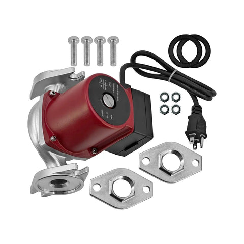 Top Shelf 1/8 HP Hot Water Circulation Pump Flanged with accessories including screws and flanges for direct replacement.