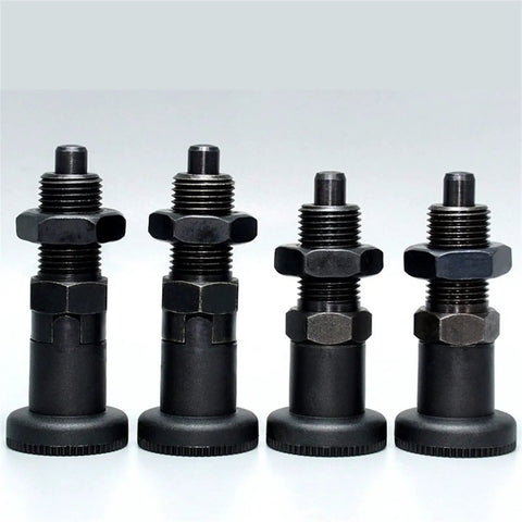 Heavy Duty Carbon Steel Indexing Pin With Fine Thread Plunger And Reliable Return Spring Mechanism Featuring A Knurled Grip Handle No Fuss Industrial Replacement MT305Z display showing four different angles.