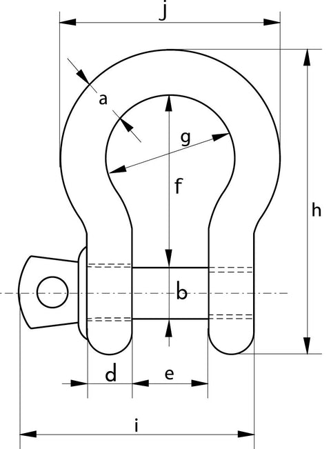 Technical drawing of Beefy Heavy Duty Bow Shackle With Screw Collar Pin G-4161 55 Ton WLL EN 13889 MBL 6X WLL Hot Dipped Galvanized