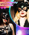 Premium Black Leather Rivet Cat Masquerade Mask Featuring Adjustable Back Buckle Dope Vibe Rave Gear Halloween Costume Eye Accessory For Adults And Teens on models at a rave party.