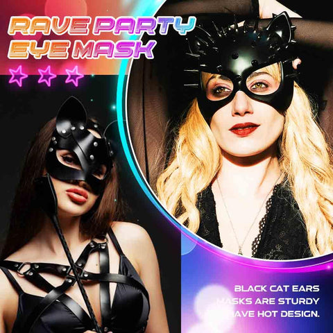 Premium Black Leather Rivet Cat Masquerade Mask Featuring Adjustable Back Buckle Dope Vibe Rave Gear Halloween Costume Eye Accessory For Adults And Teens on models at a rave party.