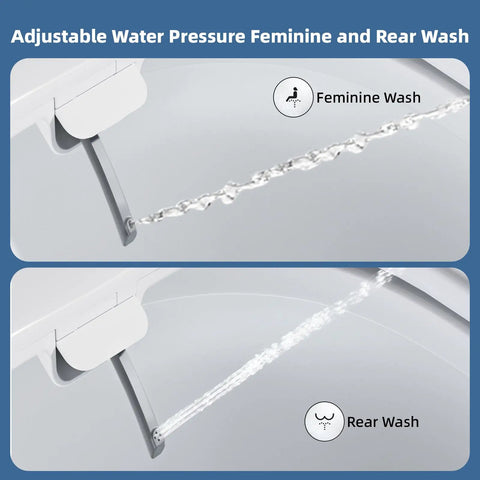 Adjustable water spray nozzles for feminine and rear wash on White Elongated Bidet Toilet Seat With Soft Close Lid.