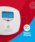 Dual Power Plug In Carbon Monoxide Detector With Battery Backup And Digital Display For Home Safety Electrochemical CO Sensor And Simple Outlet Install Real Time CO Readout with visible digital display close-up.