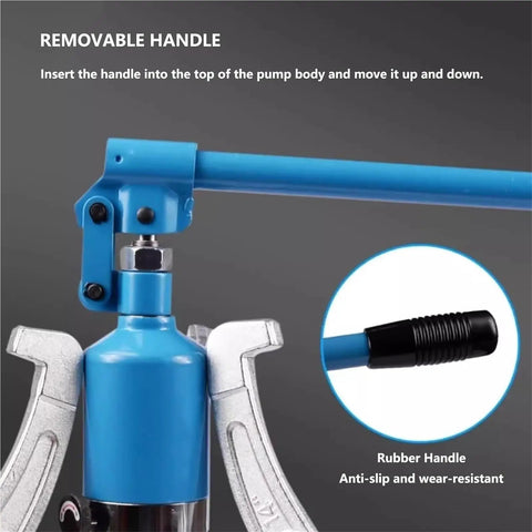 Close-up of Beefy Hydraulic Gear Puller Kit With Convertible 2-Jaw And 3-Jaw Design, removable blue handle.
