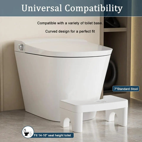 7 Inch Height Toilet Stool For Adults next to a modern white toilet, showcasing compatibility and curved design for universal fit.