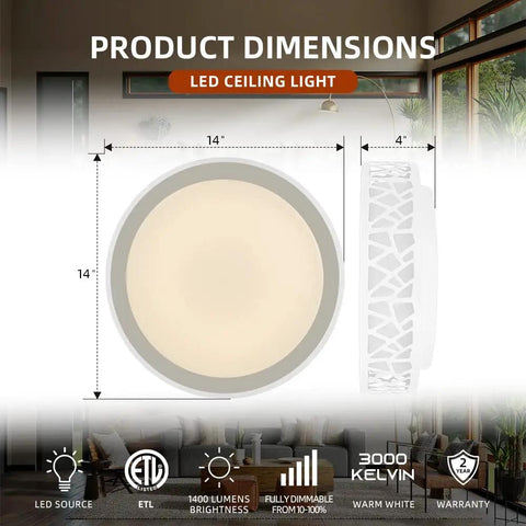 Product dimensions of LED Flush Mount Ceiling Light 14 Inch, Dimmable 20W 1400 Lumen Warm White 3000K, ETL Listed