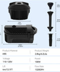 Dimensions and features of Heavy Duty 1320 GPH Pond Fountain Pump Kit For Outdoors, 100W with 3 nozzle options in black.