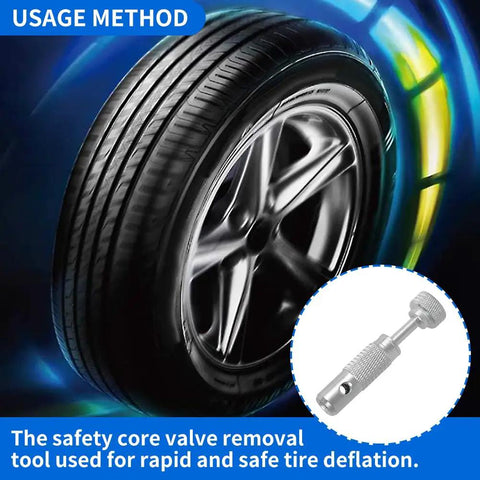 Aircraft Tire Valve Stem Removal Tool With Pro Grade Safe Core For Standard Bore Valves Delivers Fast Safe Air Release For Heavy Aircraft Reducing Technician Injury Risk During Valve Core Removal And Reinstallation displayed with tire graphic