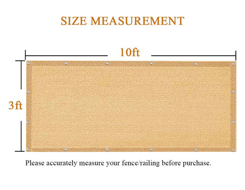 3X10Ft Balcony Privacy Screen Fence Cover For Porch Deck Patio Garden Backyard UV Resistant Fence Net With Cable Ties Included Sand Color Durable Knit Mesh Construction For All Weather Use measurement diagram.