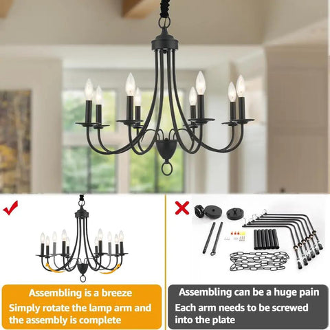 8-Light Black Chandeliers For Dining Room And Kitchen, Vintage Farmhouse Candle Chandelier With E12 Base, assembly guide