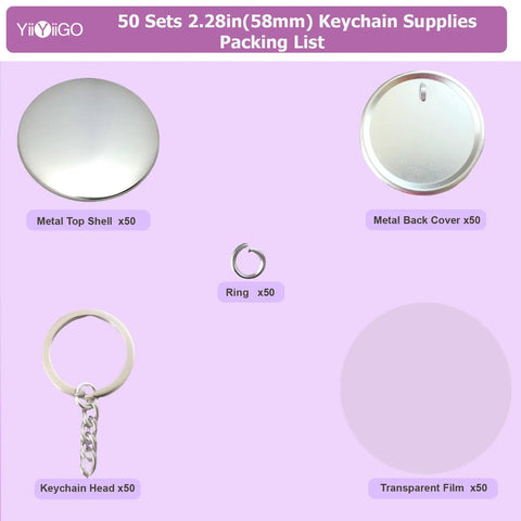 58Mm Button Maker Kit For Keychains, Pro Grade 50 Sets with Metal Top Shell, Back Cover, Ring, Keychain Head, Transparent Film