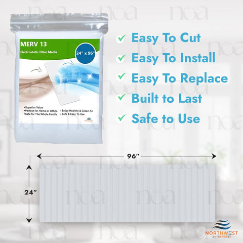 Premium MERV 13 Filter Media Cut To Fit Washable Air Filter For Home Office And Industrial Use 24 By 96 By 1/16 Inch