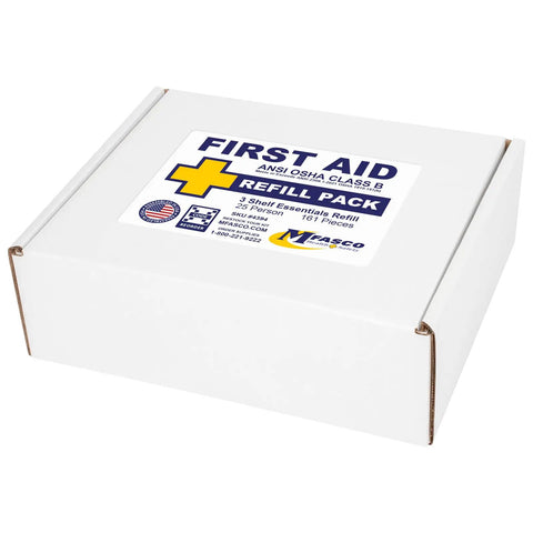 ANSI 2021 Class B First Aid Kit Refill Pack With 160 Pieces in white box, labeled for OSHA compliance and workplace safety.