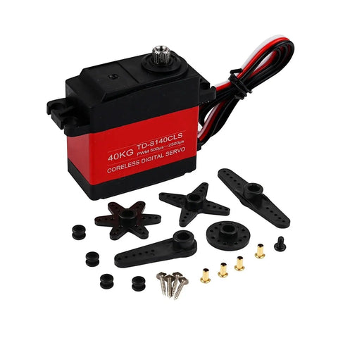Built Tough 40Kg RC Servo With Heavy Duty Metal Gears And A Lightning Fast Coreless Motor For Rock Solid Handling In Custom RC Cars Plug And Play 180 Or 360 Degree Spinning Upgrade Gear with accessories.