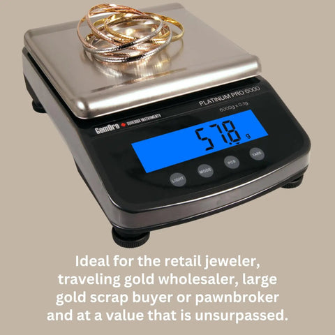 Platinum PRO6000 Digital Jewelry Scale with LCD Display showing 57.8g, measuring gold bracelets, 6000G capacity, 0.1G readability.