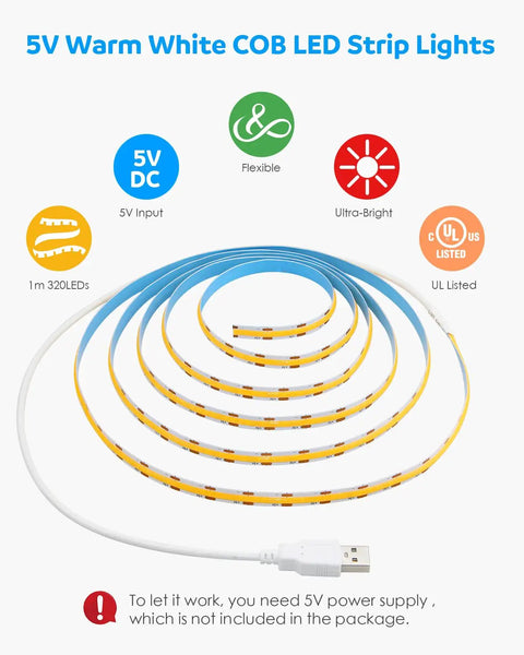 Coiled USB COB LED Strip Lights Warm White 3000K 5V 1M 320 LEDs Per Meter Flexible COB Tape showcasing features and USB plug.