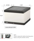 Outdoor Solar Post Cap Light With Warm 3000K LED showing dimensions and weight, featuring remote control instruction
