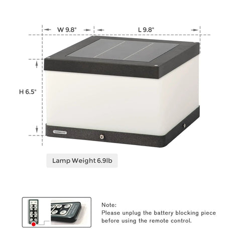 Outdoor Solar Post Cap Light With Warm 3000K LED showing dimensions and weight, featuring remote control instruction