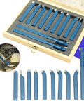 Top Shelf 11 Piece Tungsten Carbide Lathe Turning Tool Set With Heavy Duty Boring Bars And Roughing Grooving Inserts built in a wooden case.