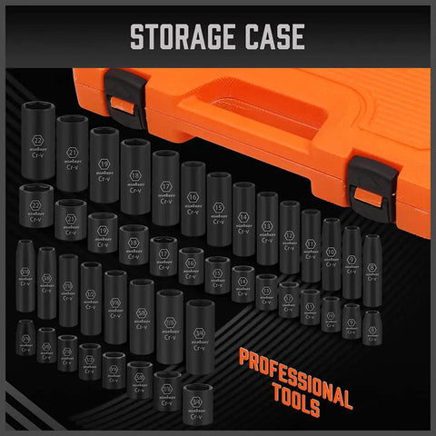 Heavy Duty 50 Piece Three Eighth Inch Drive Impact Socket Set With SAE And Metric Sizes Six Point Chrome Vanadium Sockets
