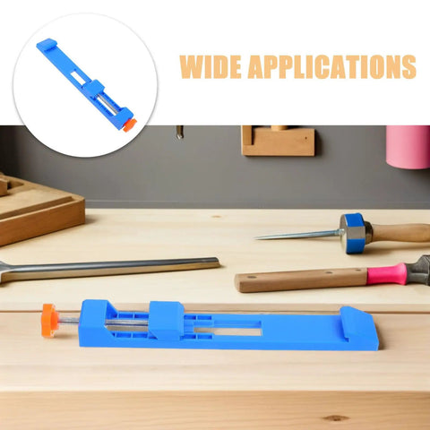 Grab These 2pcs Adjustable Wood Cutting Positioning Clamps For Your Circular Saw Rail on a wooden table with tools.