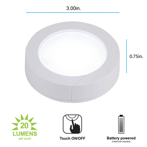 Wireless LED Puck Lights 8 Pack Battery Powered 20 Lumens Touch Tap Lights Stick On Under Cabinet Lighting for dimensions display