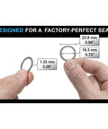 Hands holding an 18mm aluminum oil drain plug gasket crush washer with measurements for leak proof seal, part numbers 90012310630 977751 995641800.