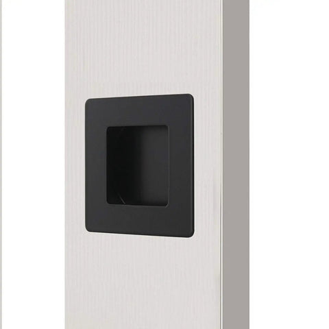 Black Flush Sliding Door Pull 2 Pack Recessed Closet Cabinet Finger Pulls mounted on a white door.