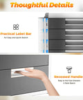 Absolute Game Changer 5 Drawer Metal Desk Organizer With Locks, Slim Desktop File Cabinet For Cable Sorting, detailed view of label bar and recessed handles.