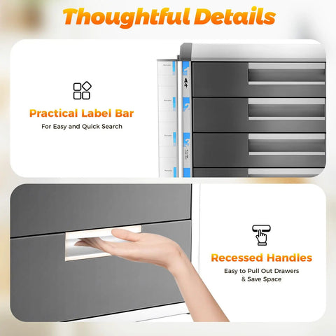 Absolute Game Changer 5 Drawer Metal Desk Organizer With Locks, Slim Desktop File Cabinet For Cable Sorting, detailed view of label bar and recessed handles.
