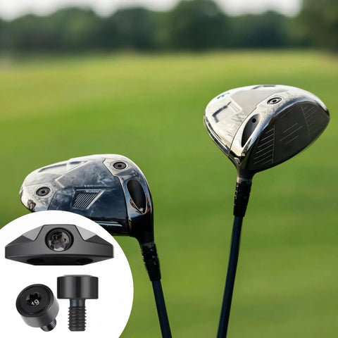 Premium Tungsten Golf Club Weights 19 Gram Adjustable Driver Heads with screws displayed against a green background.