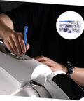 Person using RC Car Repair Tool Kit With Wrench, Screw And Fastener Set on white RC model, overview of tools shown.