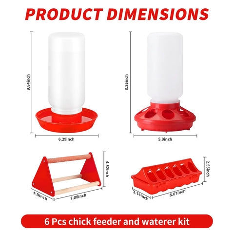 Game Changer Complete Six Piece Chick Feeder And Waterer Combo With Automatic Mini Perch for product dimensions showing size and layout
