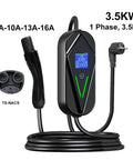 Grab And Go Portable EV Charger 16A 3.5kW Type 1 Type 2 GBT NACS Adapter showing a 3.5M cable and control display.