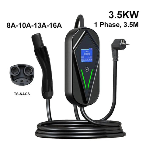 Grab And Go Portable EV Charger 16A 3.5kW Type 1 Type 2 GBT NACS Adapter showing a 3.5M cable and control display.