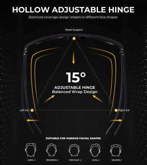 Diagram of Polarized Sunglasses For Men With UV400 Protection, Lightweight And Durable, Built For Driving, Fishing, And Golf, illustrating adjustable hinge design.