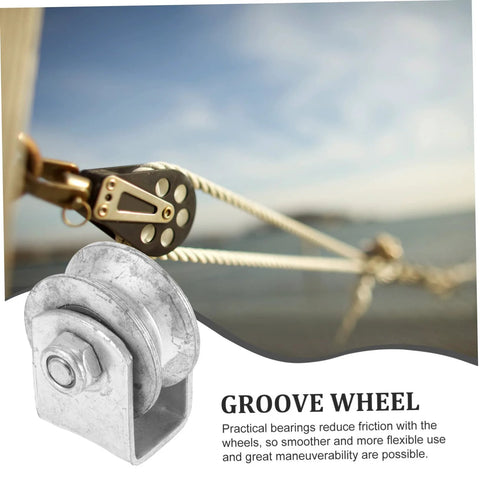 Side view of cast-iron V-type groove wheel roller for garage doors, with rope and mounting bracket.